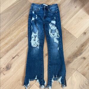 Chic Distressed Flare Jeans in Deep Blue